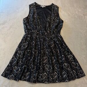 Whimsygoth Womens Black Silver Metallic Floral Lace Dress Size L metallic Dark